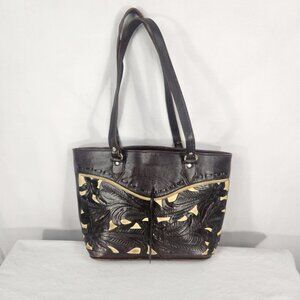 American West Tooled Leather Handbag Western Brown Tote Suede Purse Cowgirl